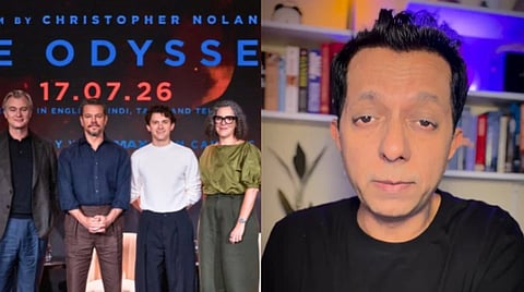 Left image is of the Odyssey team standing from the right Christopher Nolan, Matt Damon, Tom Holland, producer Emma Thomas at an event in Mumbai, India. The second image juxtaposed to its side is of entertainment journalist Rohit Khilnani who called the Odyssey press conference event a disaster for the journalists.