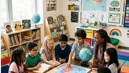 A classroom with students from different racial community studying together with the help of map.