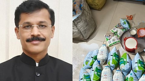 Left image is of IAs officer Tukaram Mundhe and right image is of milk packets on the ground and milk in a cups and glass 