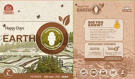 In the image a poster of Happy Days Earth and Compostable sanitary pads is shown