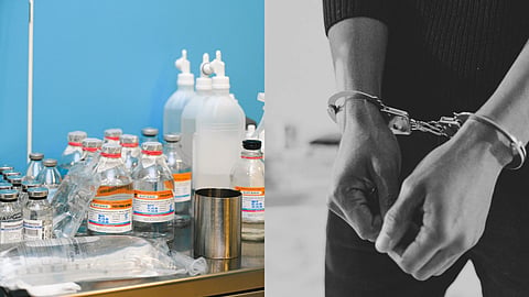 Left shows vials and medical supplies on a counter against a blue wall, conveying clinical precision. Right shows hands in handcuffs, suggesting arrest.