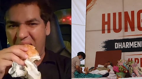 Left image is of Vijeta dahiya eating a burger and right image is of sonam wangchuk in a hunger strike in delhi's jantar mantar