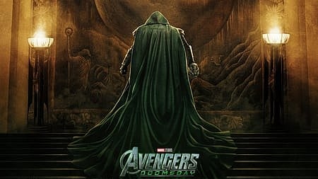 Scene from the 'Avengers: Doomsday' trailer featuring Robert Downey Jr. as Doctor Doom and Chris Evans wielding Mjolnir