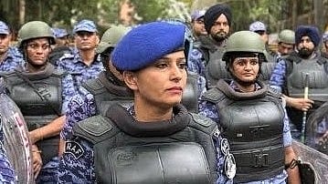 In the image Sonia Sehrawat is shown in RAF officer during the CJP Protest