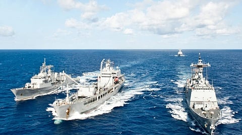 The image shows ships in the sea.