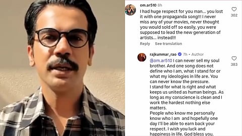 In the left side Rajkummar rao is shown from Modi hai toh mumkin hai song on the right side a tweet made by Rajkummar rao is shown