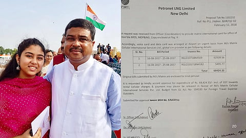 Dharmendra Pradhan with Daughter Naimisha Pradhan on left and the Invoice of phone bill given to Petronet LNG on right.