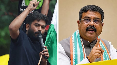 Cockroach Janta Party founder Abhijeet Dipke and Union Education Minister Dharmendra Pradhan