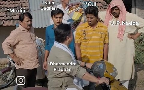 A still from Panchayat series depicting the current situation of Dharmendra Pradhan after his resignation. in the image seperate characters have been written as Modiji Nitin Gadkari CJI JP Nadda all looking at Pradhan leave. 