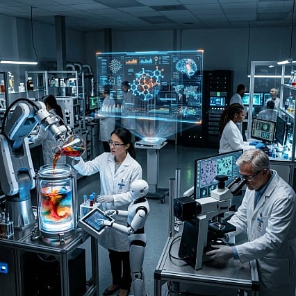 Image shows a science lab full of scientific equipments and scientists working.