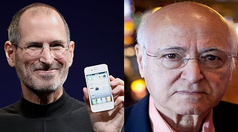Left image is of Steve Jobs presenting the iPhone 4 in 2010. Right image is of Steve Jobs' biological father Abdulfattah Jandali who gave Jobs for adoption in 1955.