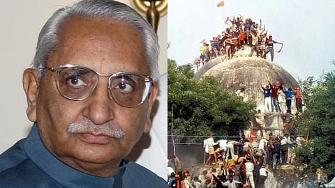 In the image on the left side Justice Liberhan is shown and on the right side the site of the demolision of Babri Masjid is shown