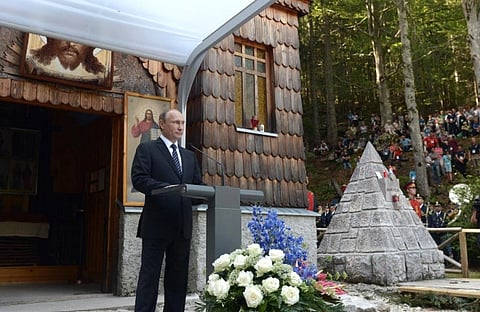 Image of Putin's speech at the memorial ceremony marking the 100th anniversary of the Russian chapel near the Vršič Pass in memory of Russian soldiers who died there during the First World War.