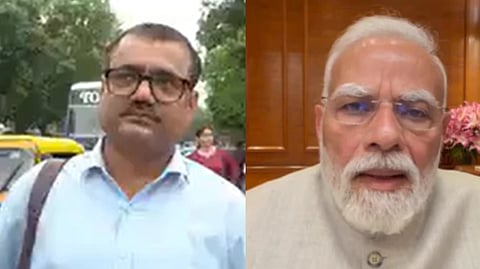 In the image on the left side a BJP Supporter is shown while on the right side PM Modi is shown