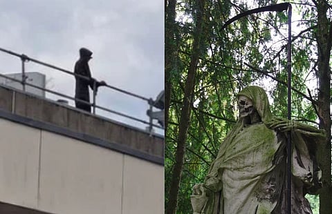 Left image is of a man named Leon Gillespie dressed as the Grim Reaper at a hospital roof in wales. he was arrested and fined for his act. The right image is of a statue of the grim reaper standing with its Scythe and is looking its right. 