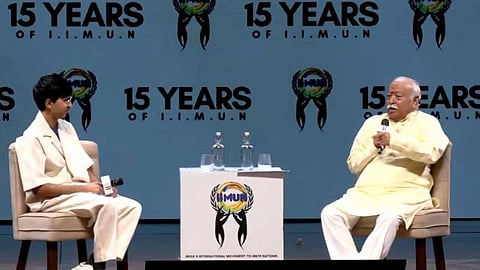 RSS chief Mohan Bhagwat speaking at an IIMUN event in Mumbai, discussing same-sex marriage, LGBTQIA+ rights, and the institution of marriage