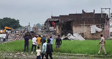 Three killed in massive explosion at firecracker factory in UP. Image of the firecracker factory where the explosion happened