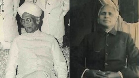 On the left , a man with a turban. On the right a man sitting with his hands folded onto his lap
