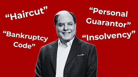 A man looking at the camera smiling, with other words written in the background.