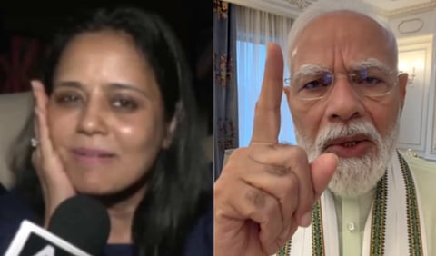 Left image is of TMC MP Mahua Moitra speaking to ANI on PM Modi's address congratulating people on India's 7.8% GDP. Right image is of PM modi talking and his right hand is raised 