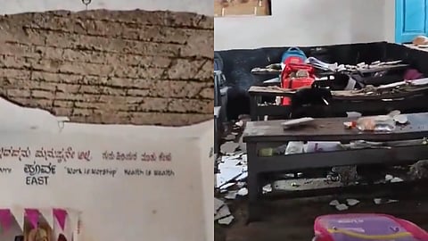 On the left side image collapsed ceiling is shown with bricks visible and on the right side the students bench is shown where the parts of collapsed ceiling is shown