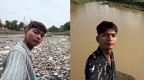 Image of Ajnar river in Madhya Pradesh showing significant progress . keft image is very polluted and right image is cleaner. the man  in the image is Bittu Tabahi