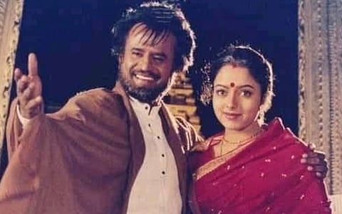 Image of superstar Rajinikanth and actress Soundarya from the movie Padayappa (1999)