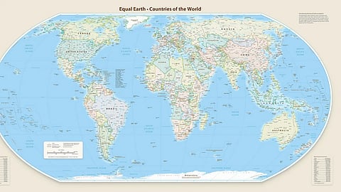 Equal Earth world map showing all countries in pastel colors, with continents, oceans, borders, and labels in an oval projection.
