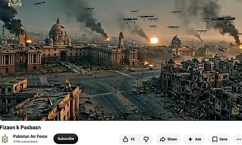 Screenshot of Pakistan's AI video on Op sindoor posted by Pakistan Air force. In the AI video, the parliament of India is getting destroyed by Pakistan's air force which many called their figment of imagination