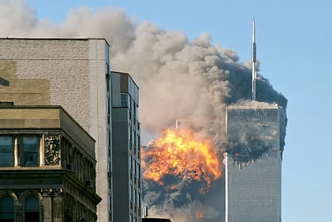 Image of UAF 175 crashes into the south tower of the World Trade Center complex in New York City during the September 11 attacks.
