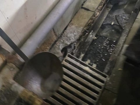 Image of an open drain and a cooking utensil 