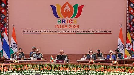 In the image PM Modi is shown with other leaders in Bharat Mandapan BRICS Summit 2026