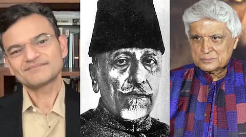 Image of political commentator Anand Ranganathan (left), former education minister Maulana Azad (cente) Javed Akhtar (right)