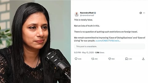 Left image is of  journalist Timsy Jaipuria and right image is of PM Modi's X post calling CNBC-TV18's report false. 