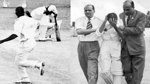 Black-and-white split image: a cricket player falls on the field at left; at right, two men support a distressed, injured player.