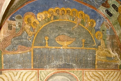 Eucharistic Supper. Fresco on the western wall of the Transfiguration Cathedral of the Mirozh Monastery, 1140.