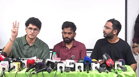Image of CJP spokesperson Saurav das (left), founder Abhijeet Dipke (center), spokesperson Ashutosh Ranka (right) in a press conference. over SIR-EC dissent row. 