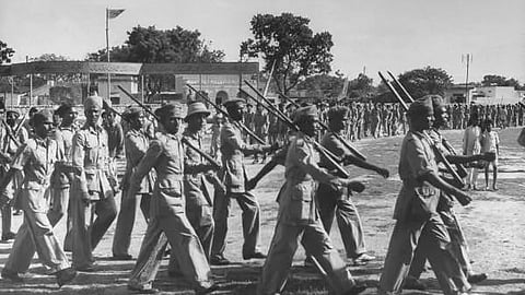 Muslim men undergoing paramilitary Razakar training in Telangana (1940s)