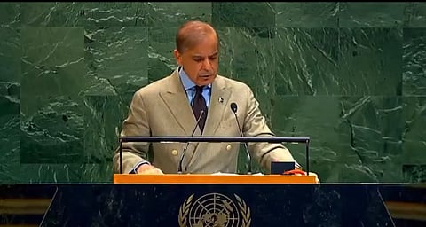 In the image Pakistan President Shehbaz Sharif is shown adressing UN