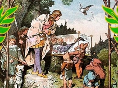 Comic style illustration of Fairy tale barnstar. in the image depicting a fairy tale multiple characters are seen in a forest.