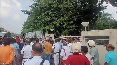 A group of people and police