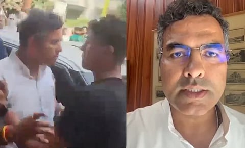Image of BJP Minister Parvesh Verma slapping a man in delhi and screenshot of the video where he claimed that AAP sent goons to abuse his family.