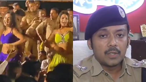 In the image on the left side two women are shown dancing in ghaghra choli while police men are shown standing behind them on the right side DCP Kashi is shown  