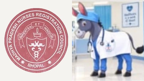 In the image on the left side the logo of MPNRC is shown while on the right side a donkey is shown dressed in a doctor uniform