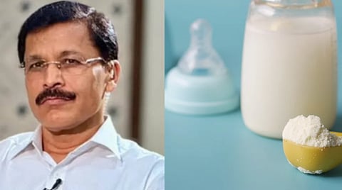 Image of Tukaram Mundhe and Close-up of baby milk formula powder in a yellow scoop with a bottle on a blue background.
