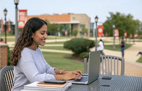A smiling college student works on a laptop at an outdoor campus table, with a phone and notebook nearby and students walking in the background.