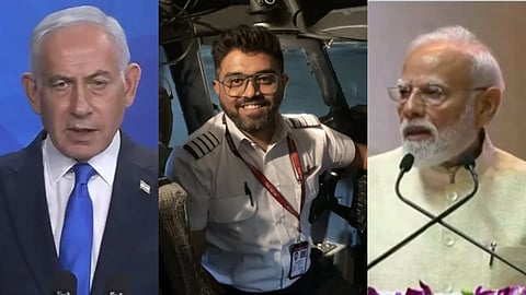In the image in the left side Israeli Prime Minister Bibi Netanyahu, Captain Smit Machchhar and PM Narendra Modi is shown