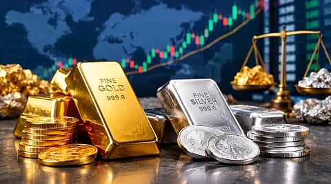 Illustration depicting gold and silver bricks and their market analysis chart in the background 