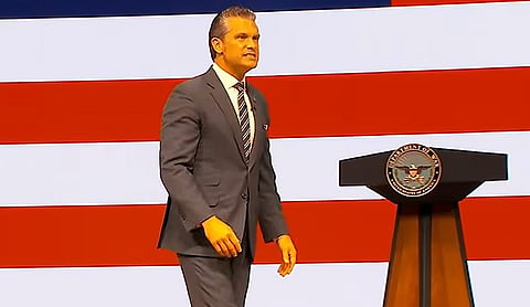 Pete Hegseth delivering an address at Marine Corps Base Quantico