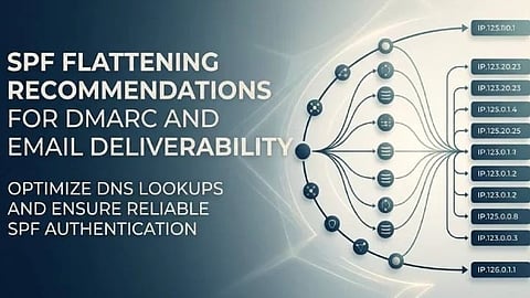 Infographic recommends flattening SPF records to reduce DNS lookups and improve DMARC email deliverability; a branching network diagram links senders to IP addresses.